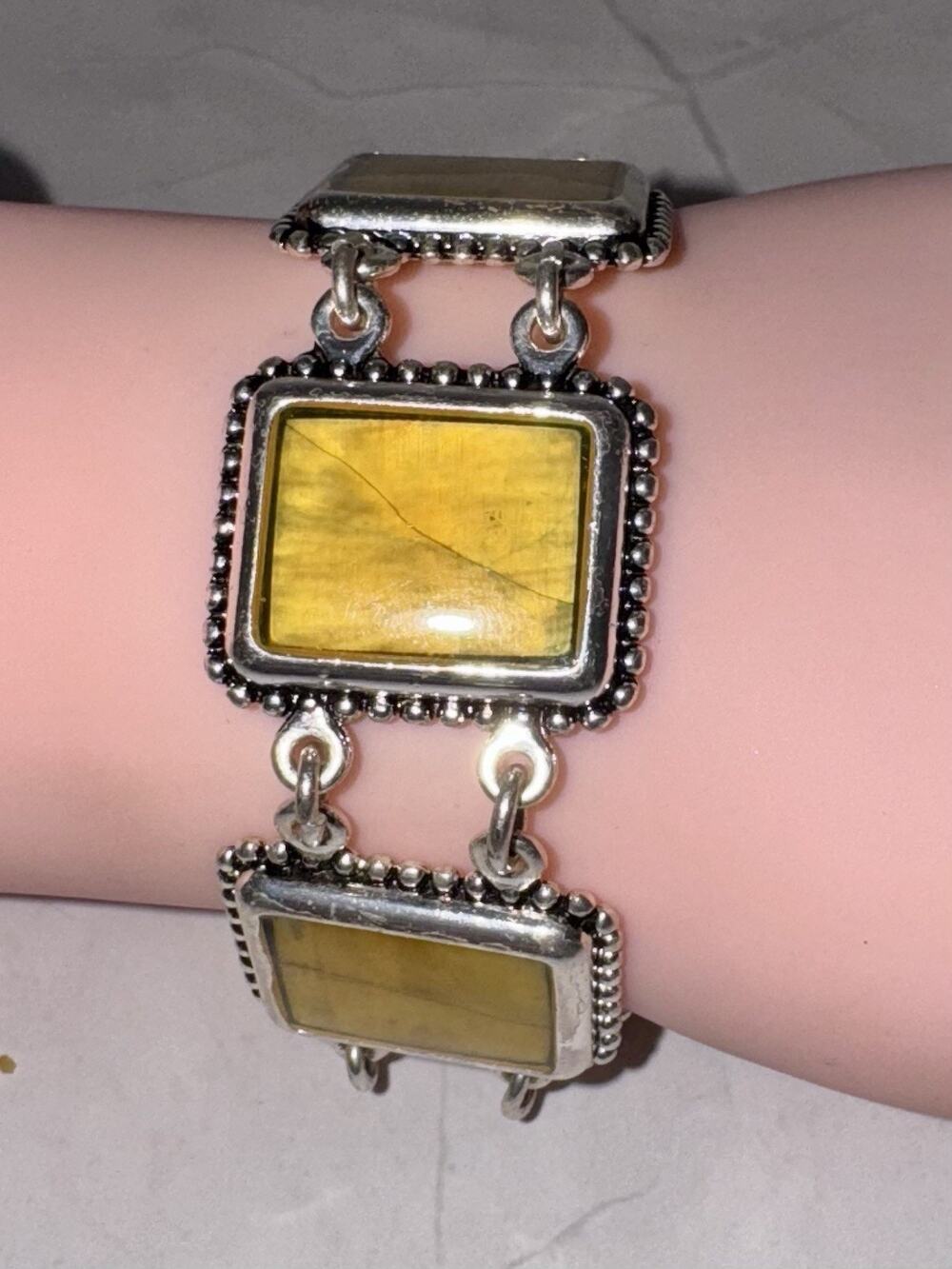 Premier Designs Silver Tone Yellow Enamel Square Link Bracelet Toggle Clasp